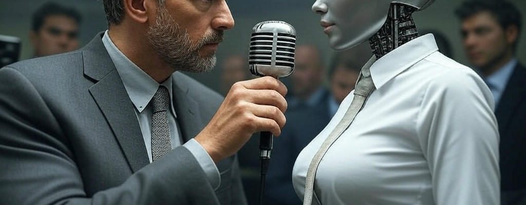 middle-aged journalist holding microphone to android schoolgirl