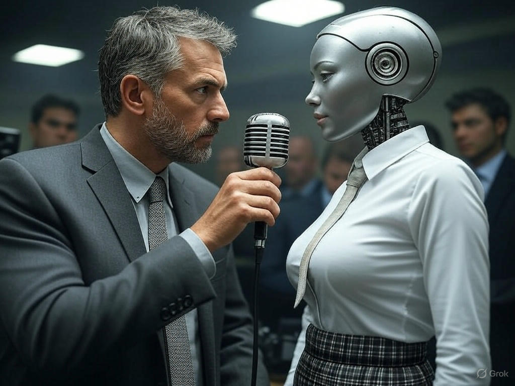 middle-aged journalist holding microphone to android schoolgirl