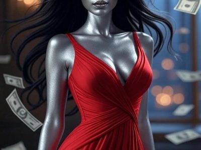 beautiful android with dollar notes falling all around her