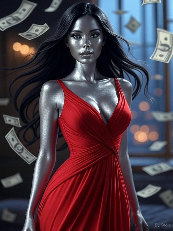 beautiful android with dollar notes falling all around her
