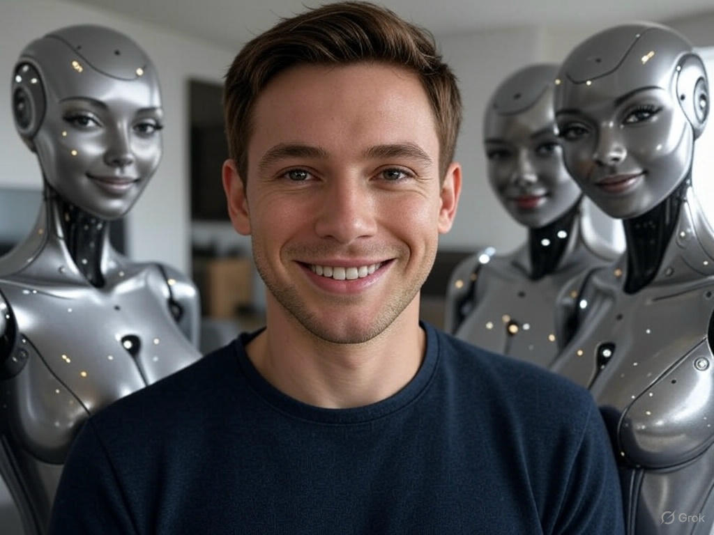 smiling man surrounded by AI girlfriends