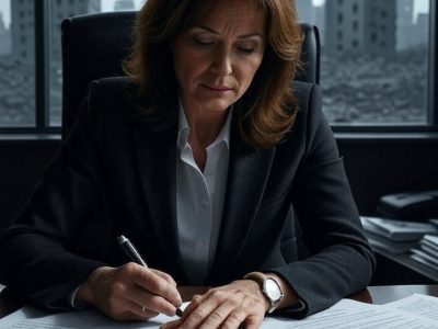 attorny signs something at her desk behind her a desolate landscape