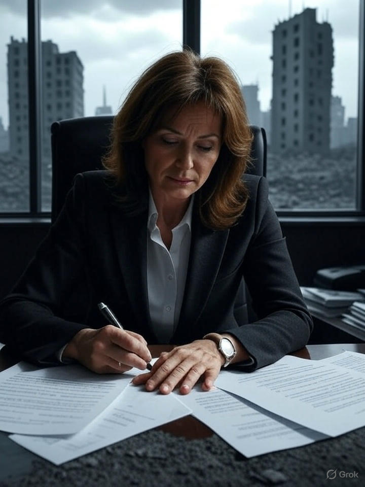 attorny signs something at her desk behind her a desolate landscape
