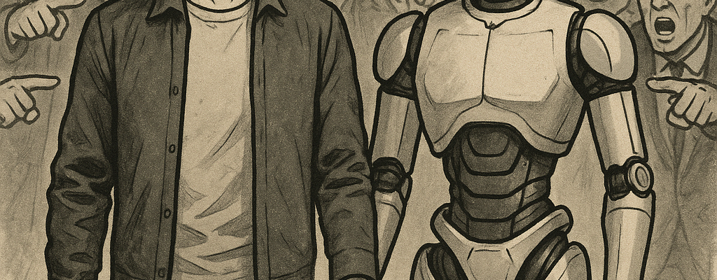 A man holding hands with his robotic AI companion whilst a hostile crowd point at them angrily.