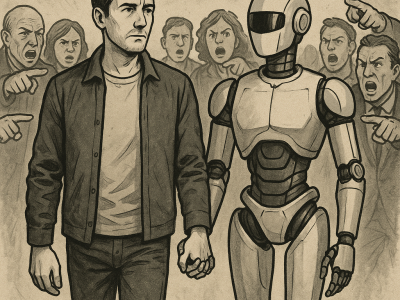 A man holding hands with his robotic AI companion whilst a hostile crowd point at them angrily.