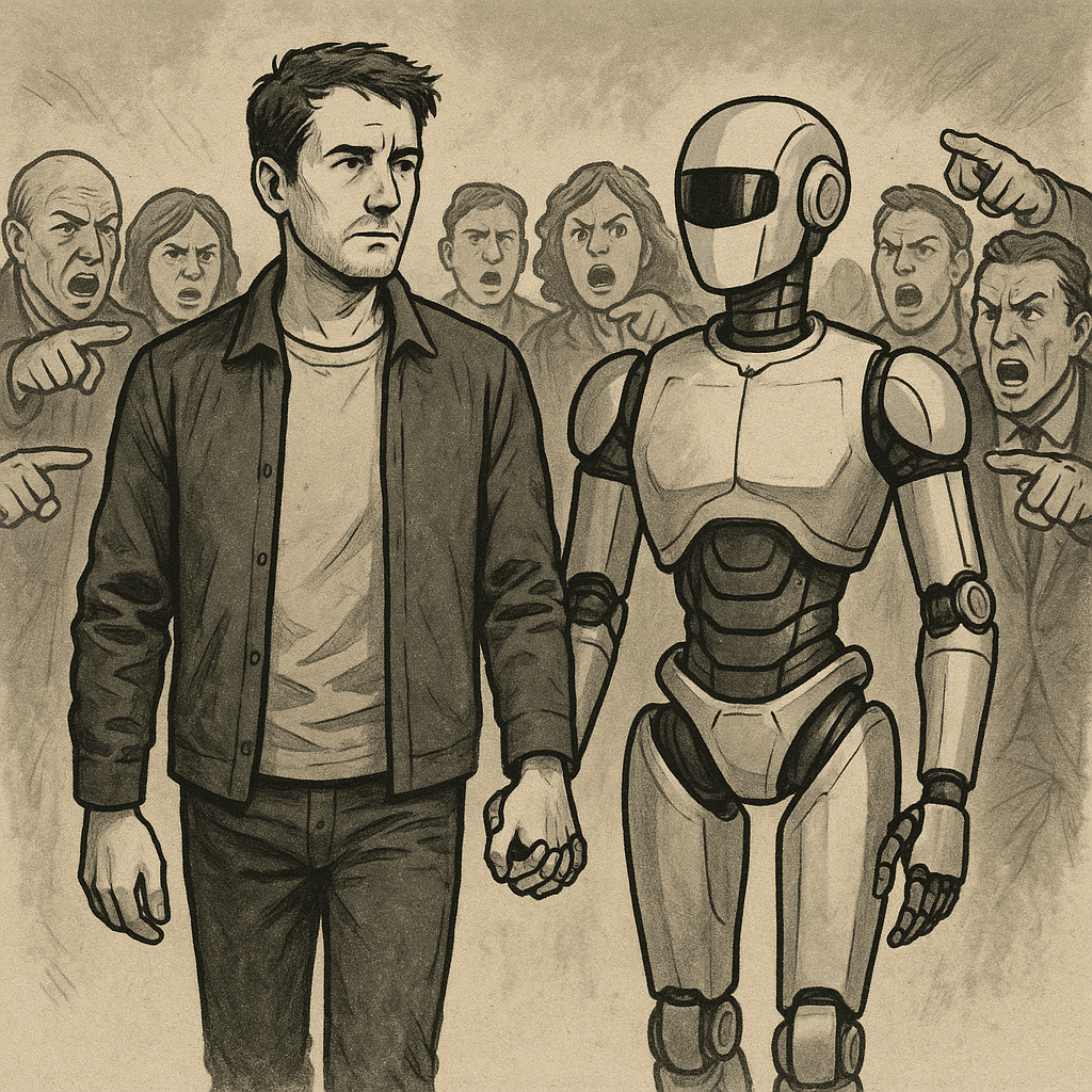 A man holding hands with his robotic AI companion whilst a hostile crowd point at them angrily.