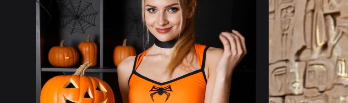Cuties AI Halloween AI cam model holding pumpkin