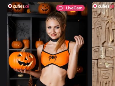 Cuties AI Halloween AI cam model holding pumpkin