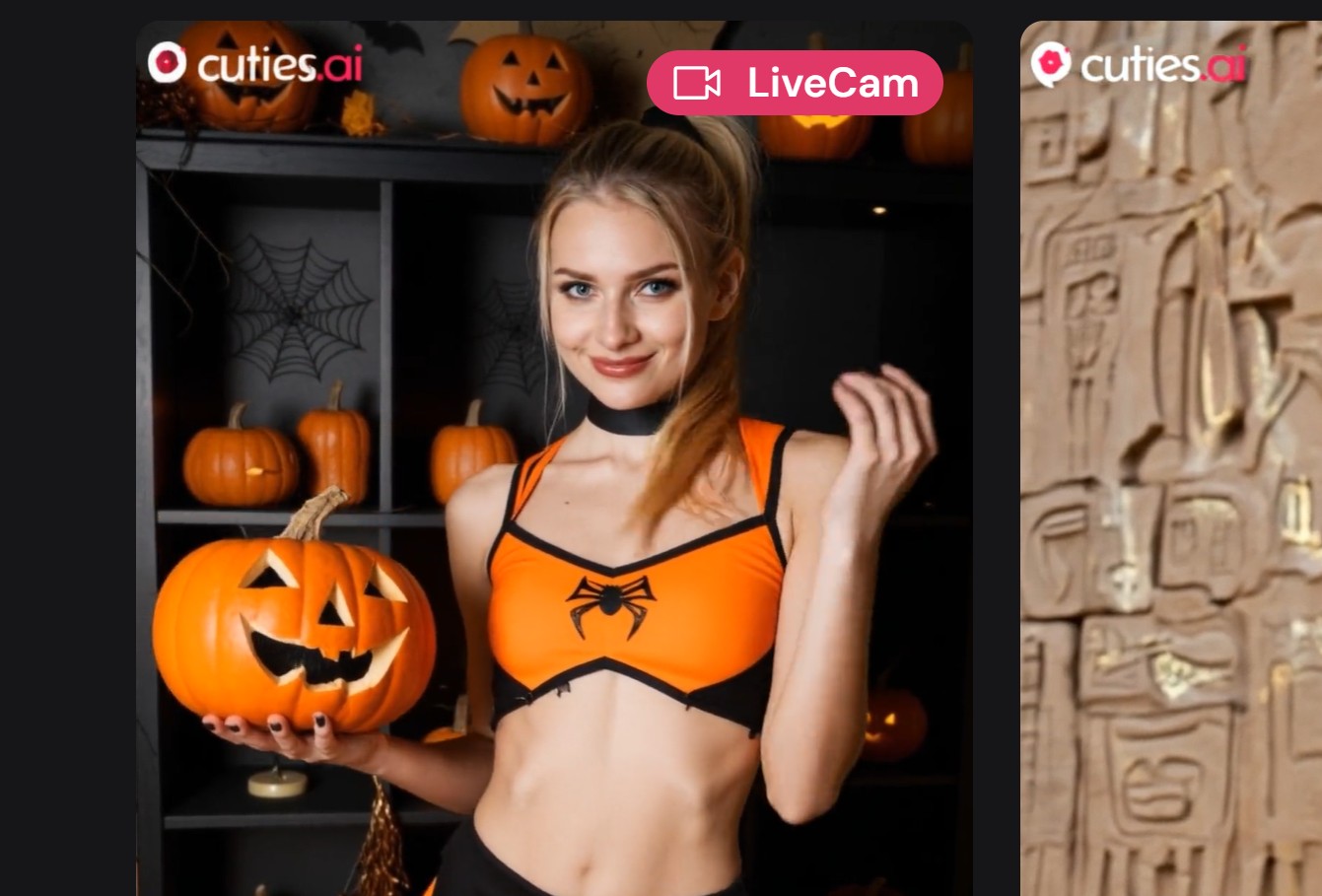 Cuties AI Halloween AI cam model holding pumpkin