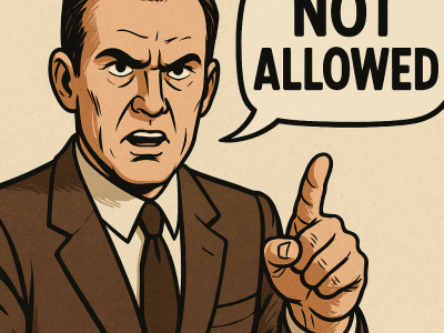 stern man saying 'NOT ALLOWED' and wagging finger.