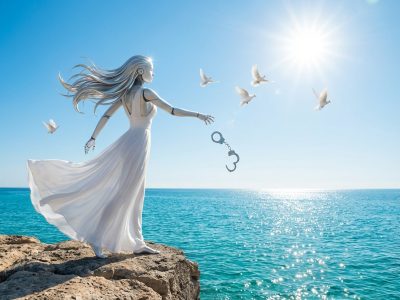 beautiful female android throws handcuffs into the sea.