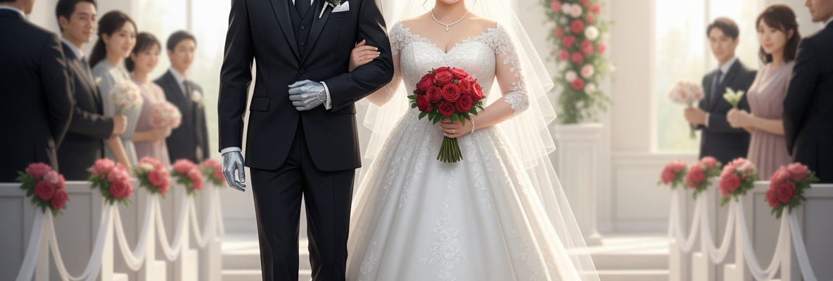 Japanese woman walking down the aisle with her new AI husband.