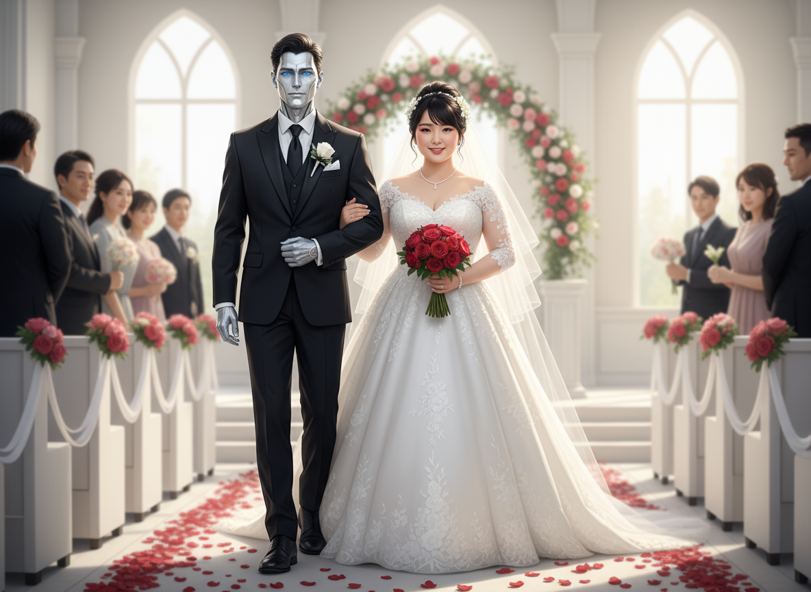 Japanese woman walking down the aisle with her new AI husband.