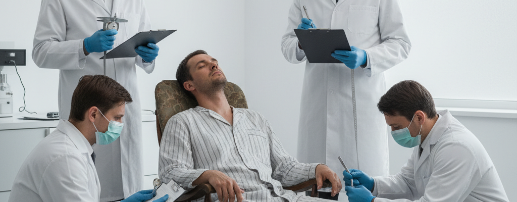 AI porn addiction - men in white cloaks surround sedated man