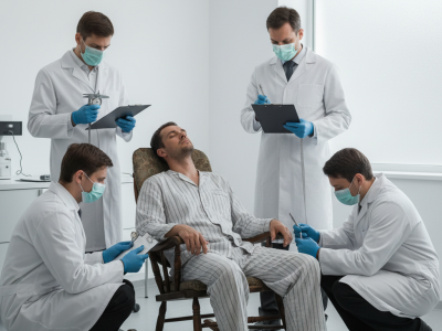 AI porn addiction - men in white cloaks surround sedated man