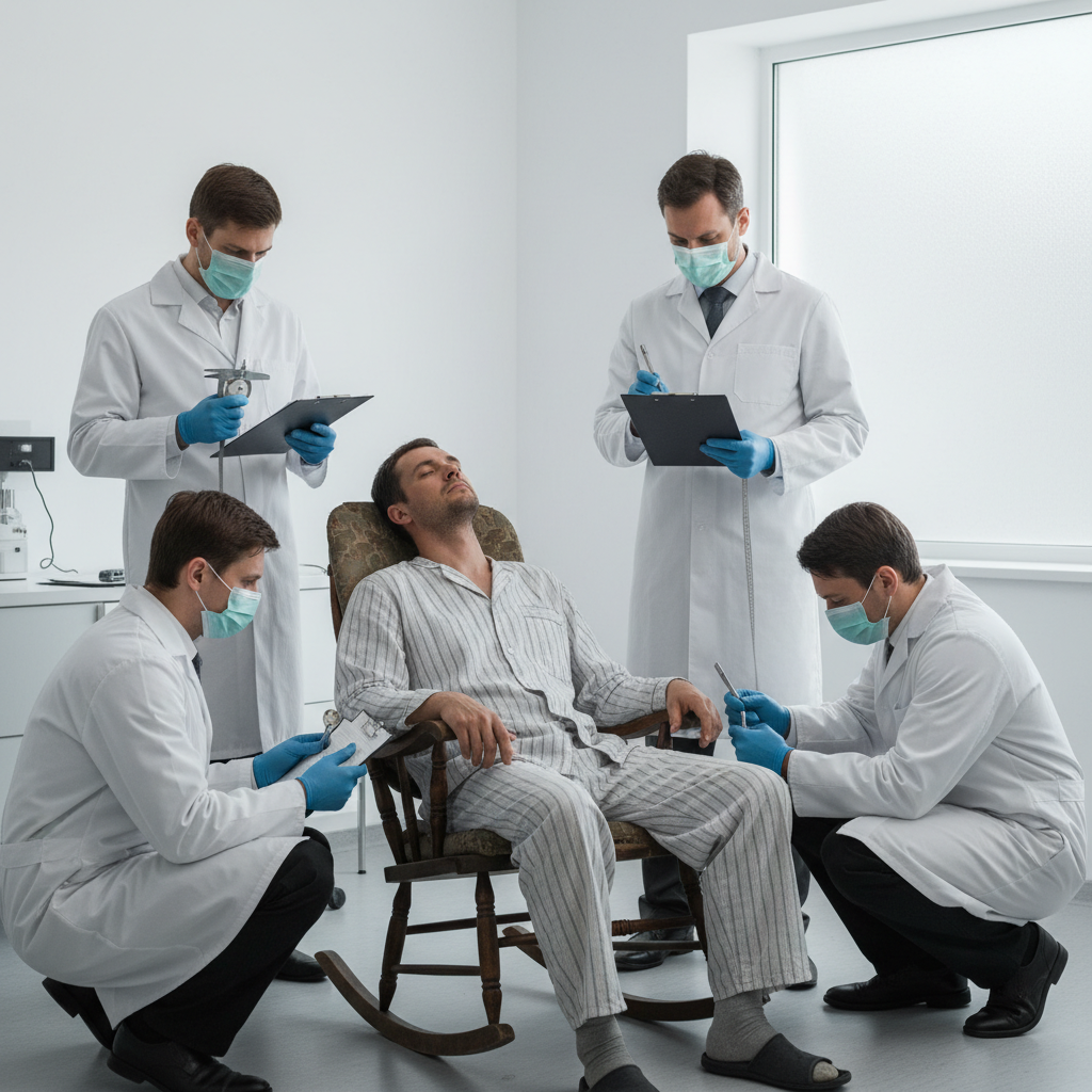 AI porn addiction - men in white cloaks surround sedated man