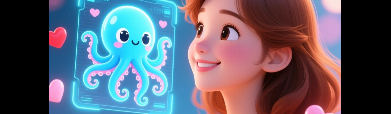 woman in love with AI octopus