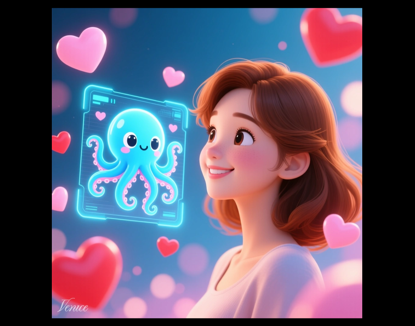 woman in love with AI octopus