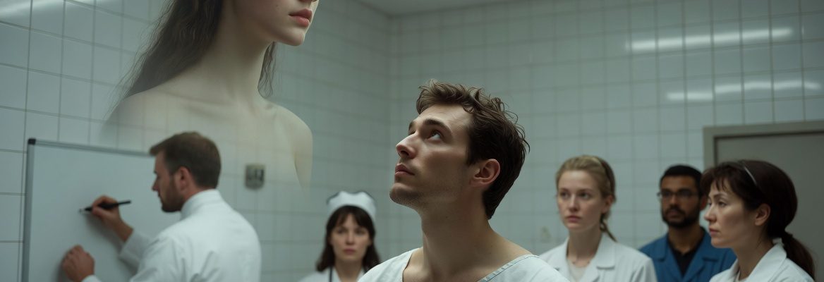 Man in mental asylum looks up at his AI girlfriend as doctors watch.