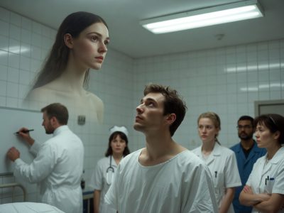 Man in mental asylum looks up at his AI girlfriend as doctors watch.