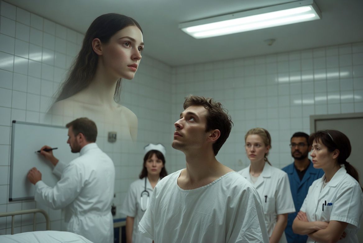 Man in mental asylum looks up at his AI girlfriend as doctors watch.