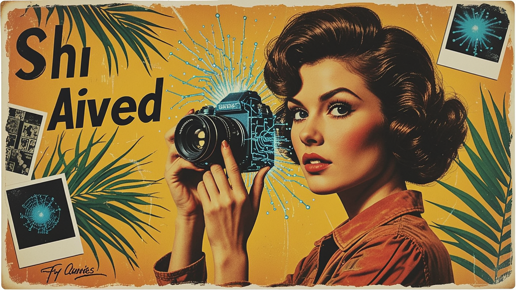 Retro woman holds a vintage camera that has AI tech exuding from it.