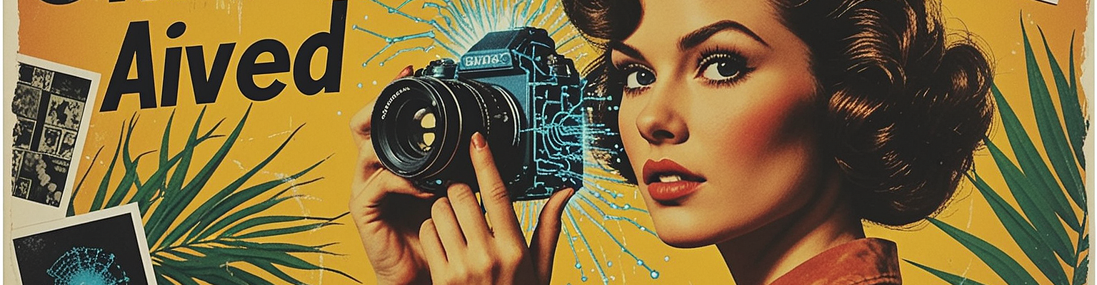 Retro woman holds a vintage camera that has AI tech exuding from it.