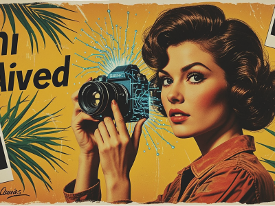 Retro woman holds a vintage camera that has AI tech exuding from it.