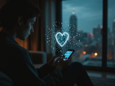 Young Chinese man talks to his AI girlfriend on his phone.